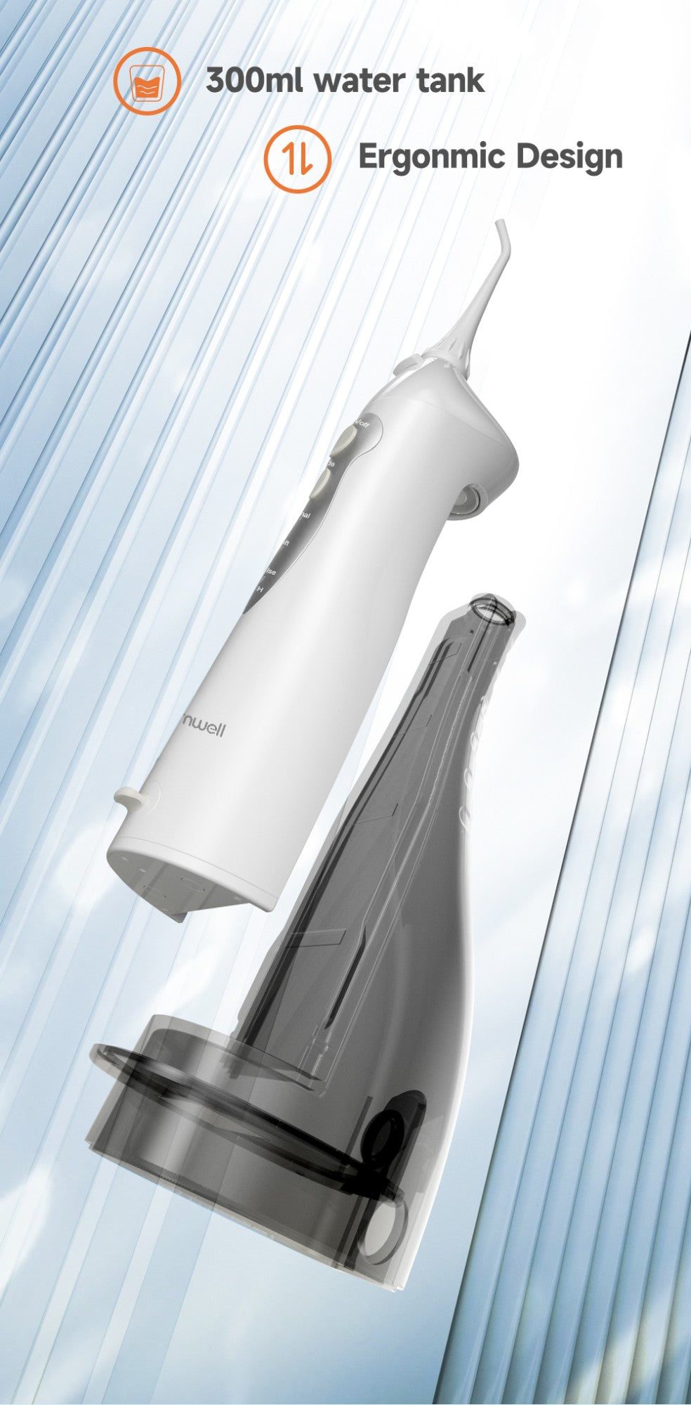 Irrigador Bucal Mornwell con 6 Boquillas y 3 Modos, Irrigador Dental Inalámbrico Portátil D52, Limpiador de Dientes con Resistencia al Agua IPX7