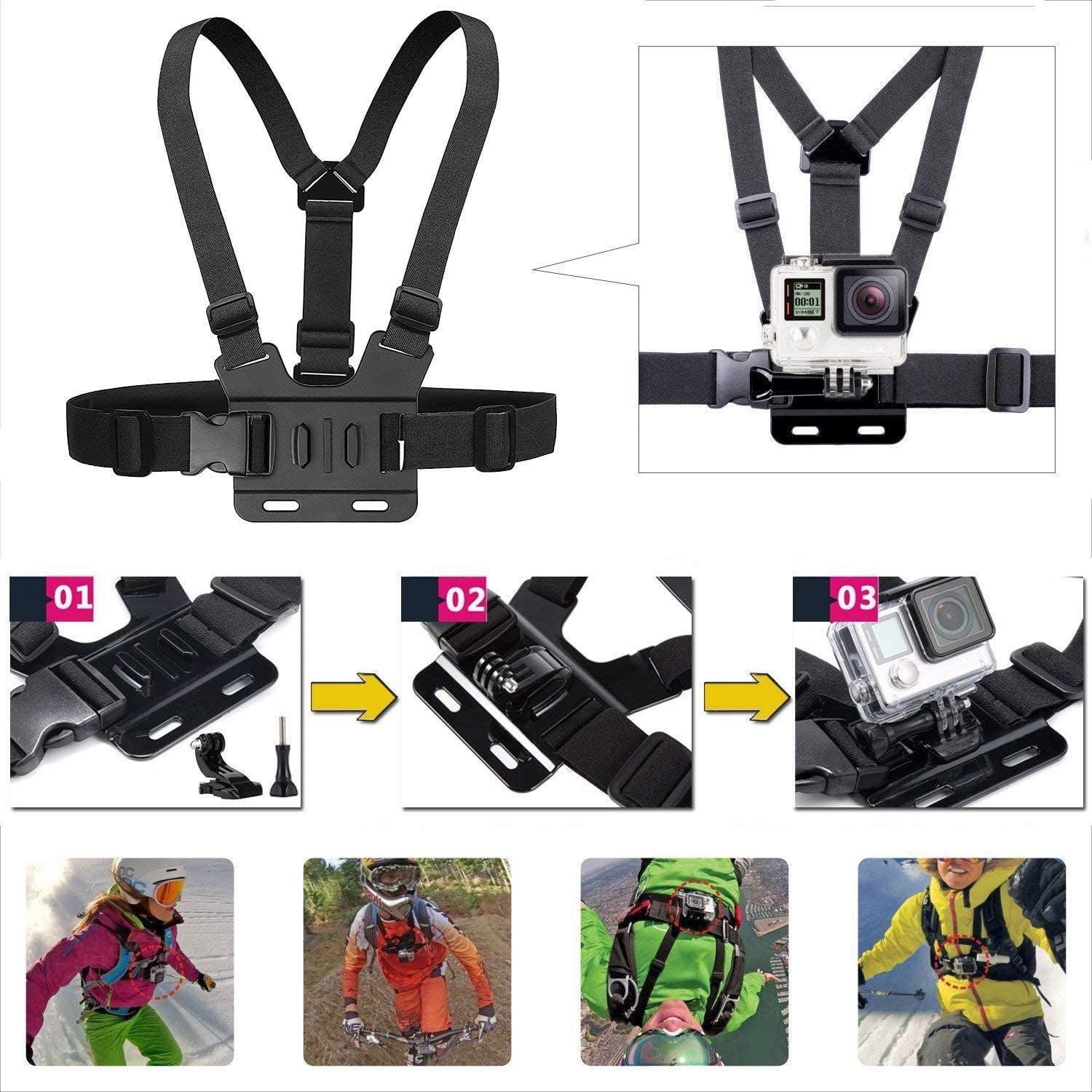Kit de cámara de acción todo en uno, 6 uds., correa para la cabeza, soporte para correa para el pecho, ajustable para teléfono GoPro, Osmo, estabilidad mejorada, versatilidad